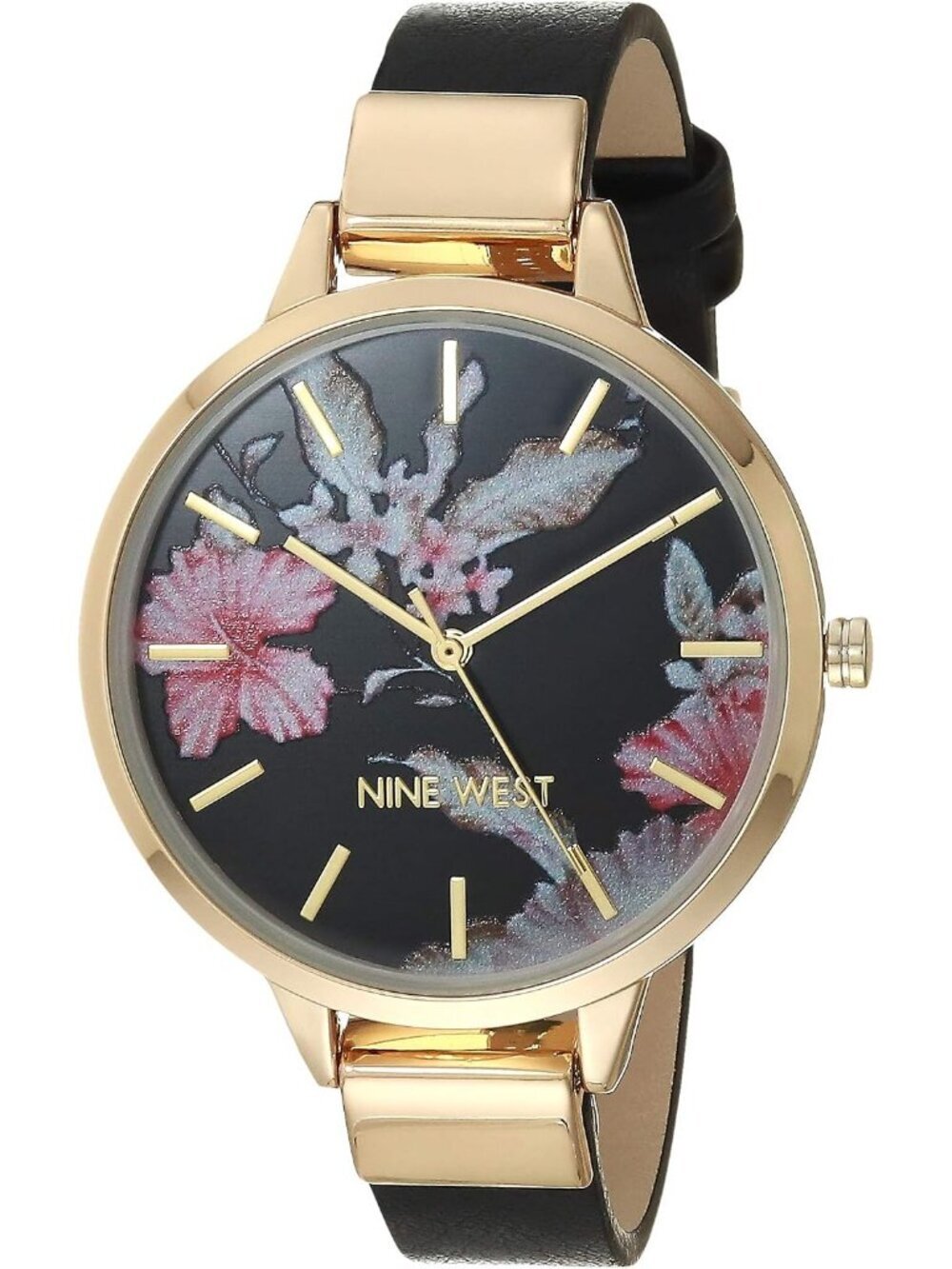 Nine West Women's Black And Gold Analog Quartz Floral Dial Smooth Strap Watch